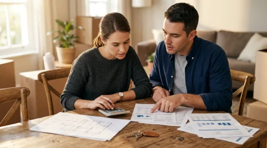 Couple analysant des documents financiers pour leur premier achat immobilier avec calculatrice et plans d'architecte sur une table en bois