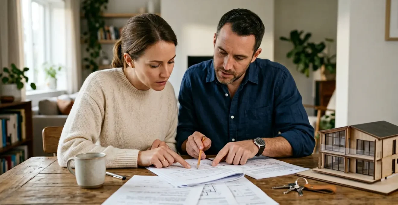 Couple examinant des documents immobiliers avec clés et maquette de maison sur table en bois