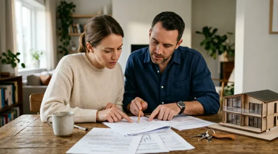 Couple examinant des documents immobiliers avec clés et maquette de maison sur table en bois