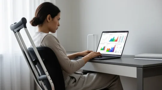 Personne travaillant depuis son domicile avec béquilles posées contre le bureau, représentant la continuité professionnelle malgré un arrêt de travail