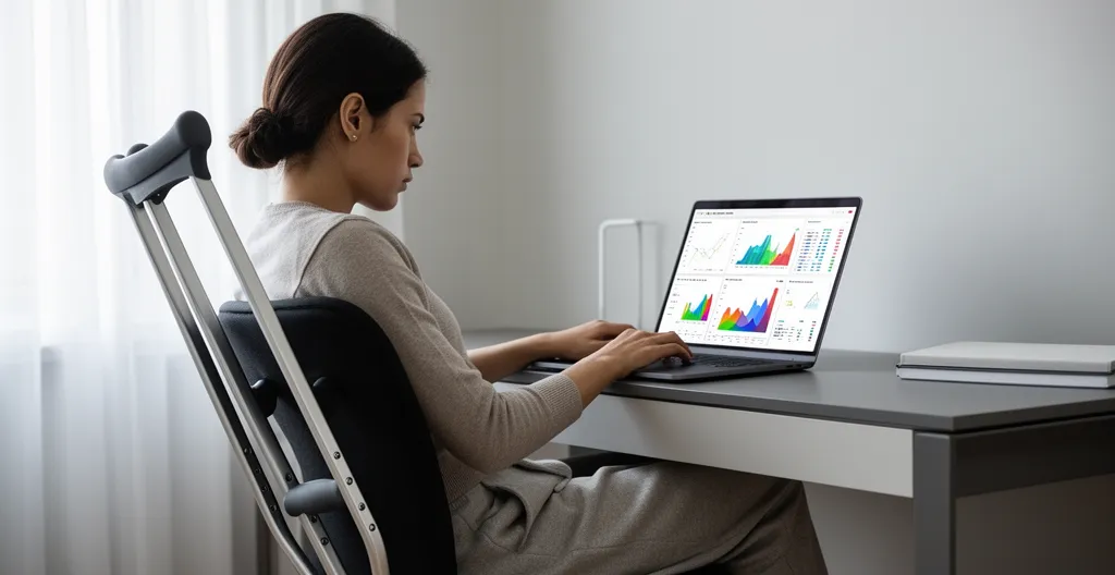 Personne travaillant depuis son domicile avec béquilles posées contre le bureau, représentant la continuité professionnelle malgré un arrêt de travail