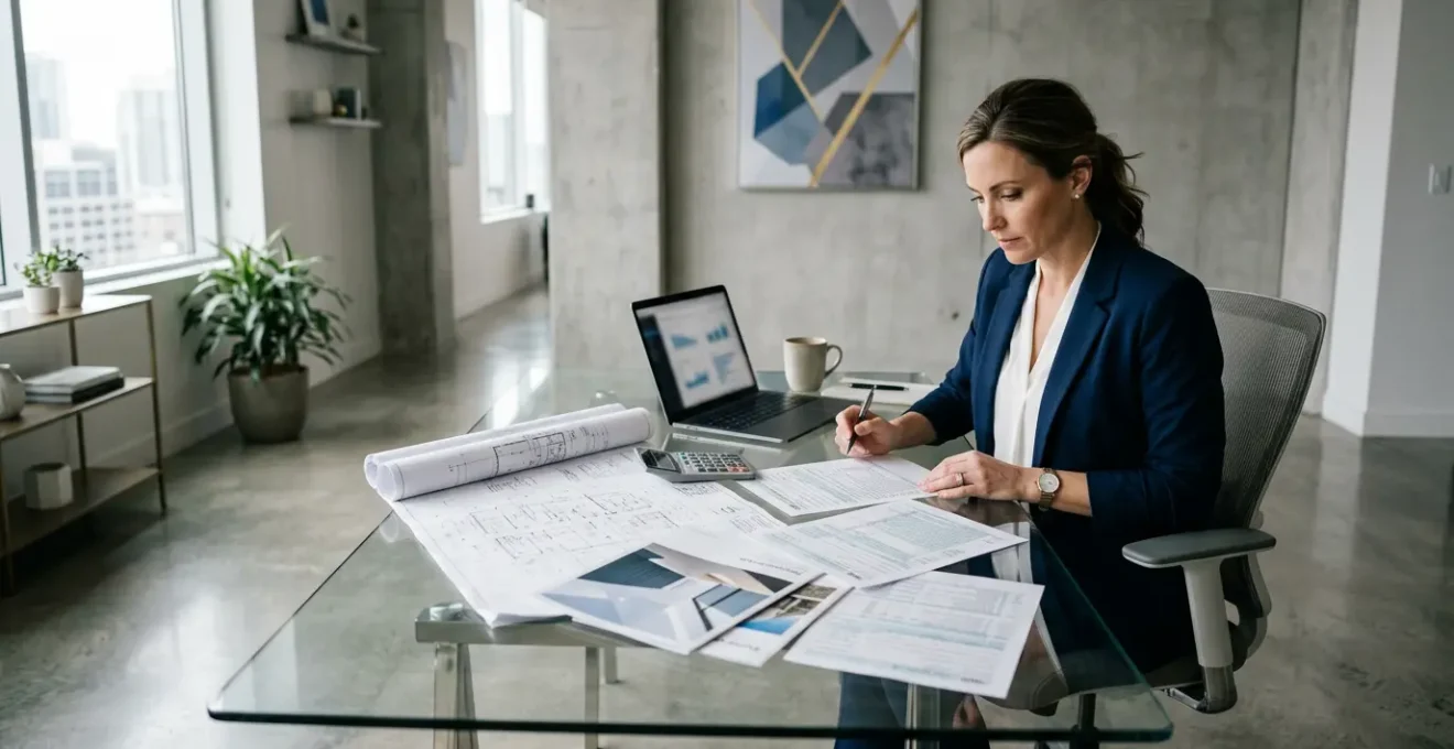 Investisseur analysant des documents fiscaux et immobiliers dans un bureau moderne