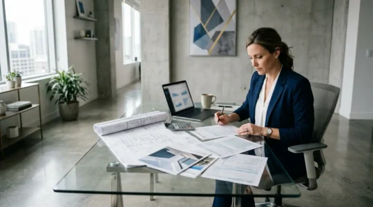 Investisseur analysant des documents fiscaux et immobiliers dans un bureau moderne