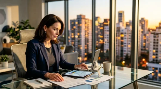 Propriétaire immobilier consultant des documents de gestion locative dans un bureau moderne avec vue sur des biens immobiliers