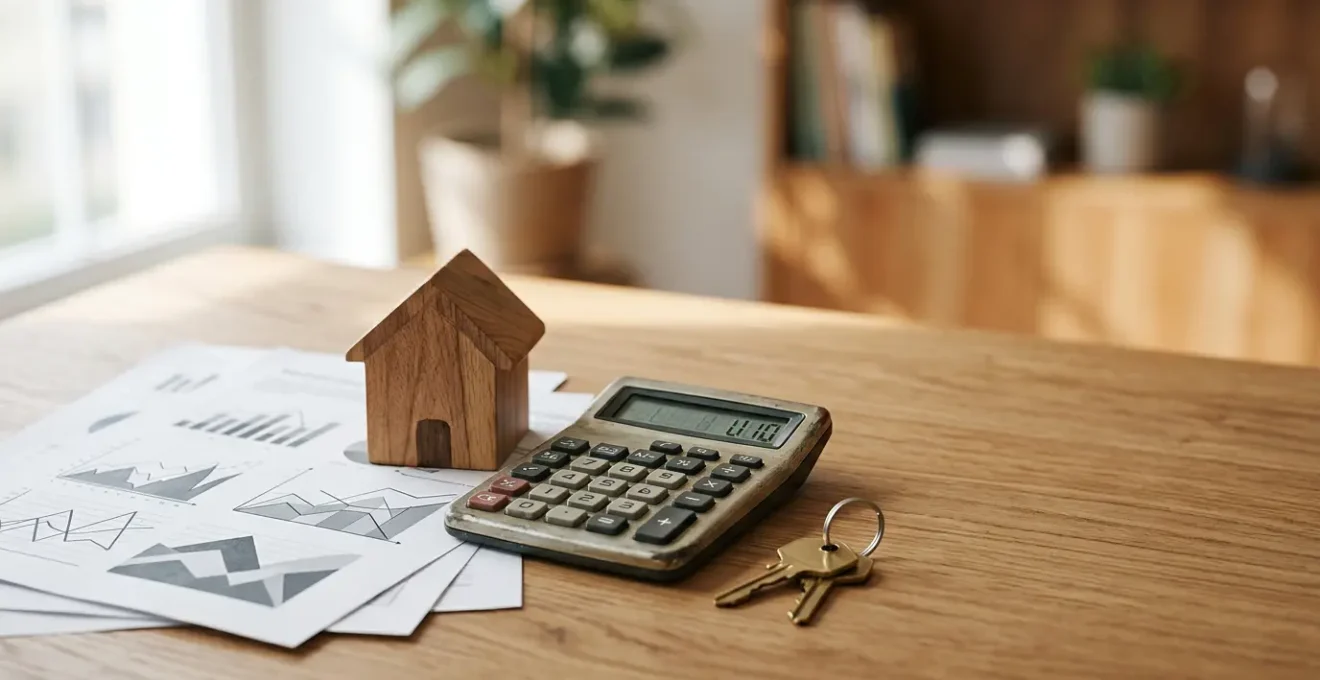 Vue d'ensemble de documents financiers et d'une calculatrice sur un bureau en bois avec un modèle de maison miniature