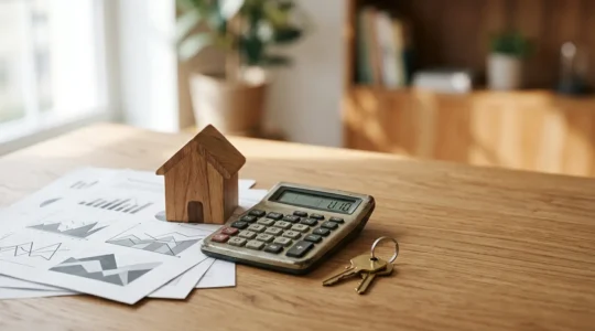 Vue d'ensemble de documents financiers et d'une calculatrice sur un bureau en bois avec un modèle de maison miniature