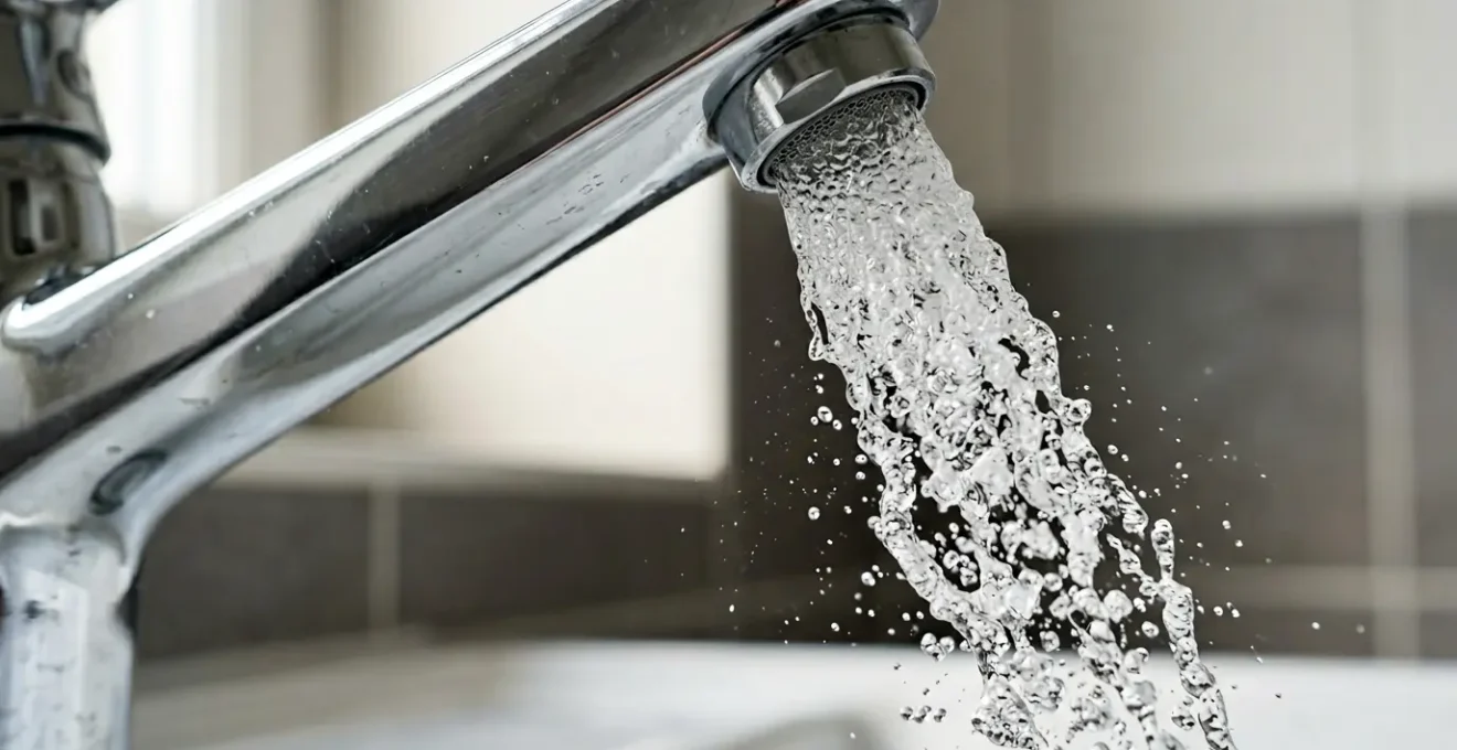 Robinet moderne avec mousseur aérateur montrant le jet d'eau aéré et économique dans une salle de bain contemporaine