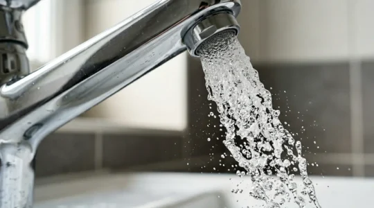 Robinet moderne avec mousseur aérateur montrant le jet d'eau aéré et économique dans une salle de bain contemporaine