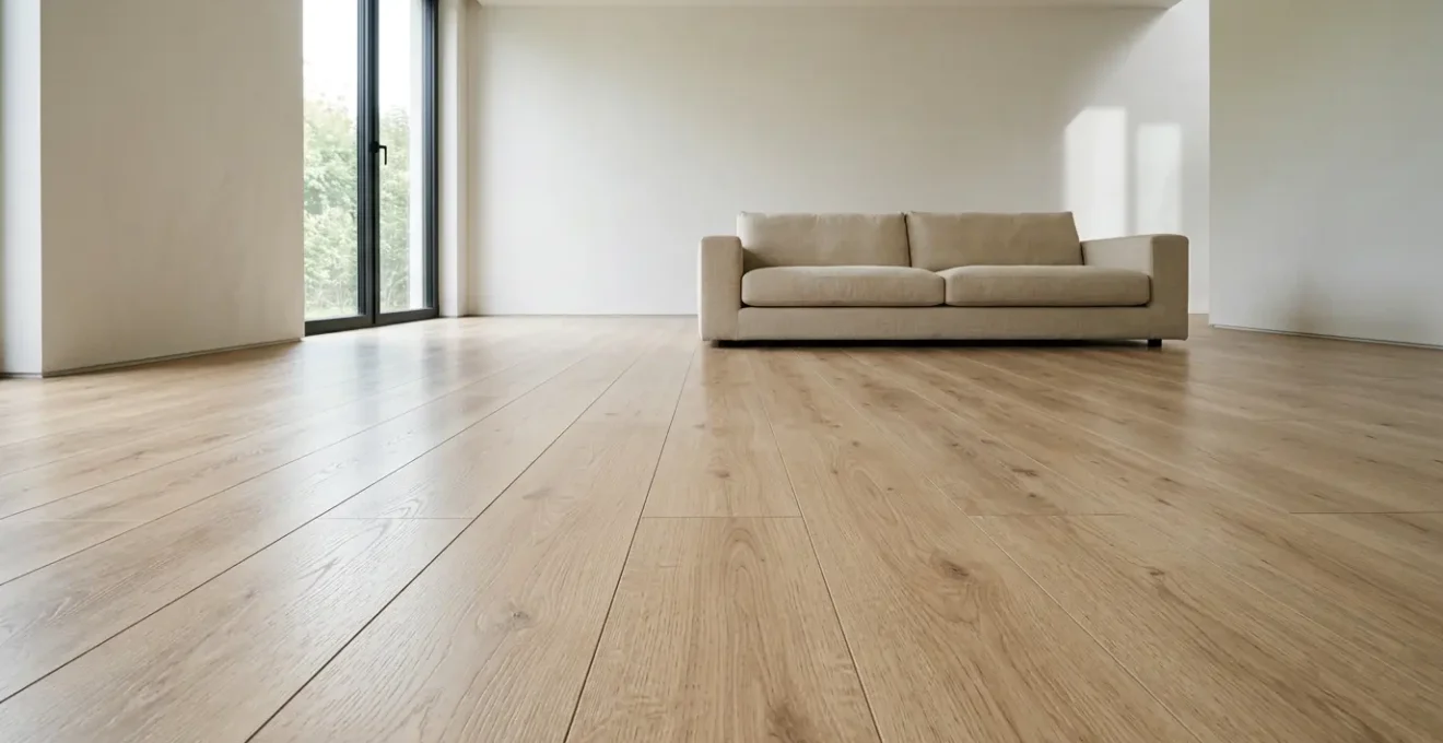 Vue d'un salon moderne avec sol en parquet stratifié résistant et mobilier élégant