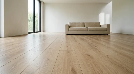 Vue d'un salon moderne avec sol en parquet stratifié résistant et mobilier élégant