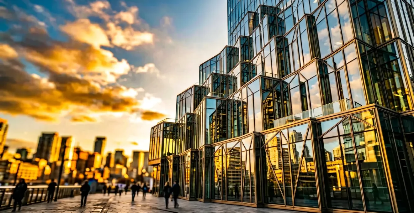 Vue architecturale moderne d'un bâtiment vitré avec reflets dorés symbolisant la croissance patrimoniale et la stratégie fiscale