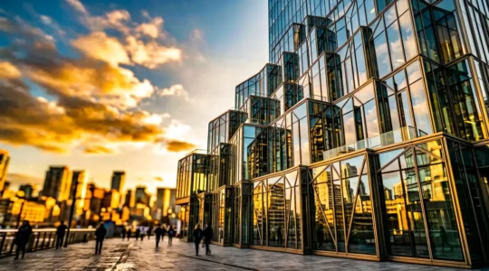 Vue architecturale moderne d'un bâtiment vitré avec reflets dorés symbolisant la croissance patrimoniale et la stratégie fiscale