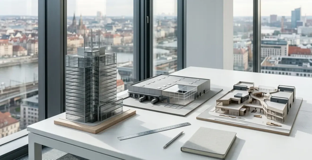 Vue d'ensemble d'un portefeuille immobilier diversifié représenté par des modèles architecturaux et des documents financiers