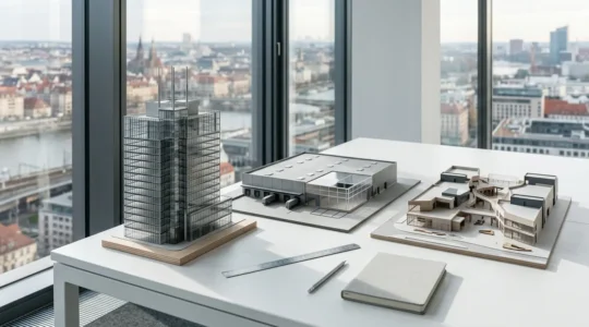 Vue d'ensemble d'un portefeuille immobilier diversifié représenté par des modèles architecturaux et des documents financiers