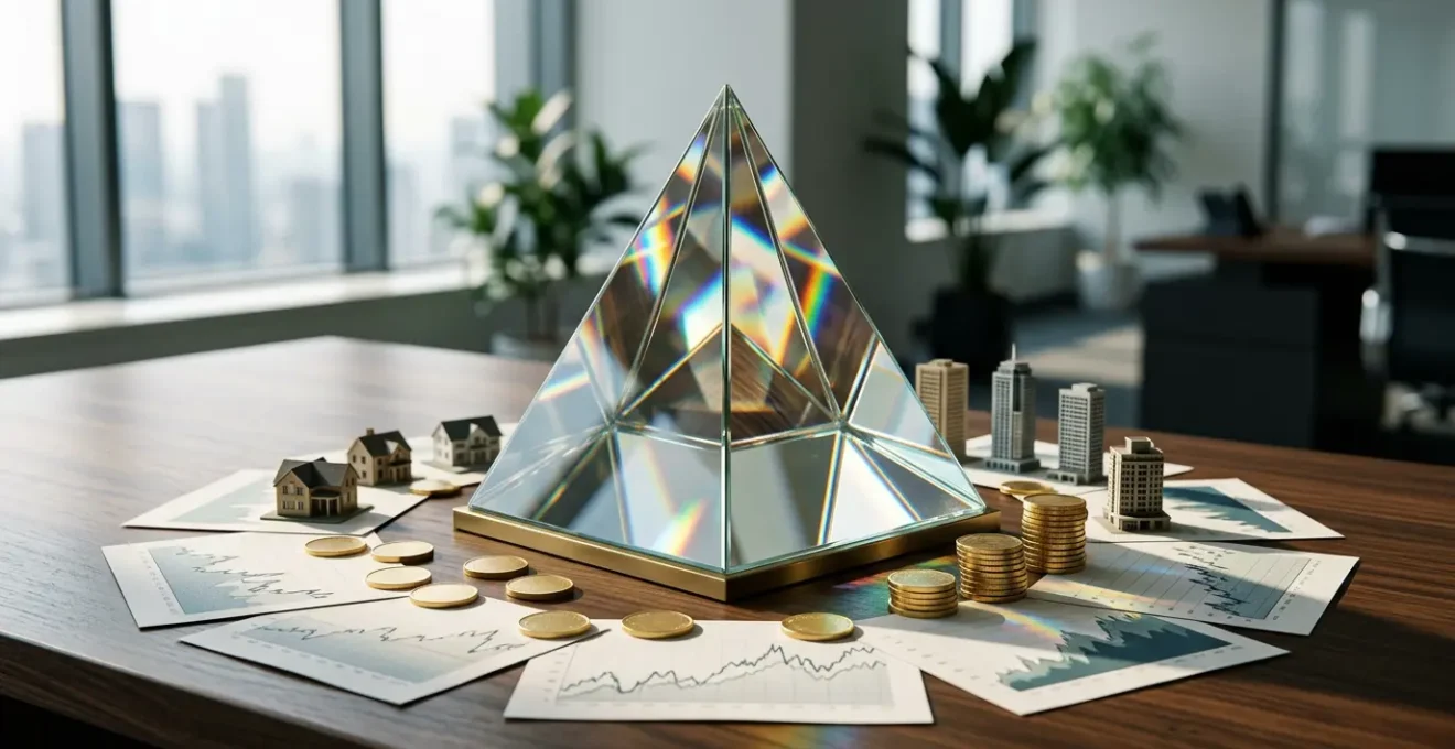 Vue conceptuelle d'une stratégie patrimoniale centrée sur l'assurance-vie avec documents financiers et graphiques