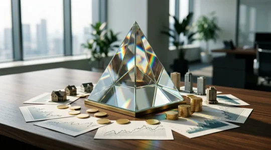 Vue conceptuelle d'une stratégie patrimoniale centrée sur l'assurance-vie avec documents financiers et graphiques