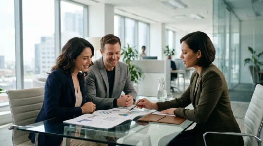 Couple consultant des documents financiers avec conseiller bancaire dans un bureau moderne