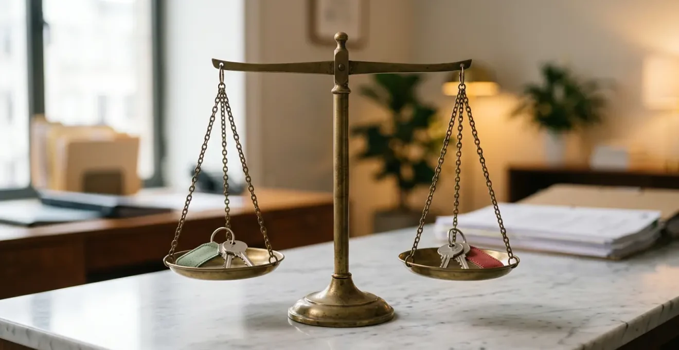 Clés de maison en équilibre sur une balance dorée symbolisant la synchronisation entre achat et vente immobilière