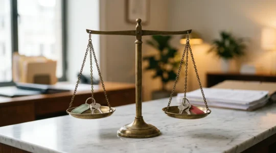 Clés de maison en équilibre sur une balance dorée symbolisant la synchronisation entre achat et vente immobilière