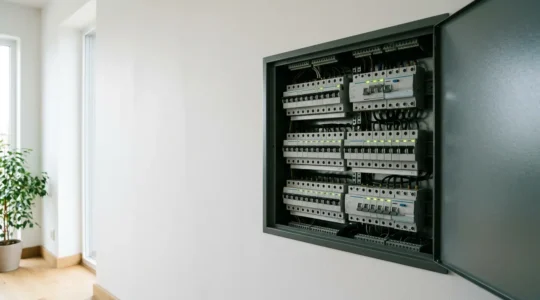 Tableau électrique moderne ouvert montrant disjoncteurs différentiels et composants de sécurité
