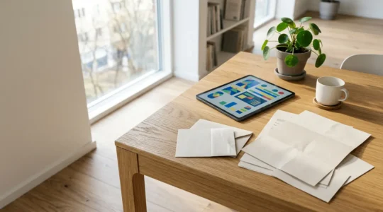 Investisseur analysant des graphiques de performance d'unités de compte sur tablette avec documents d'assurance-vie