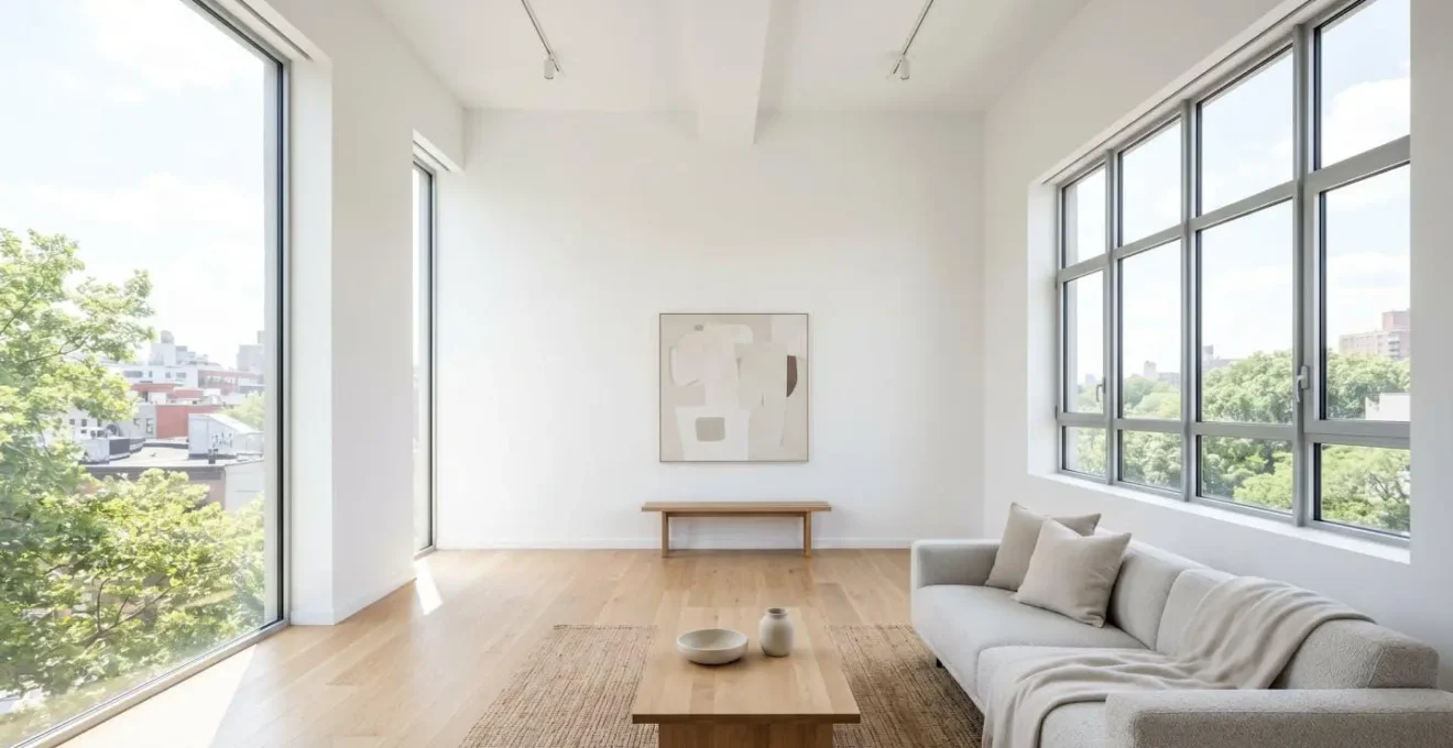 Intérieur d'appartement lumineux avec double exposition montrant la circulation de l'air et de la lumière naturelle