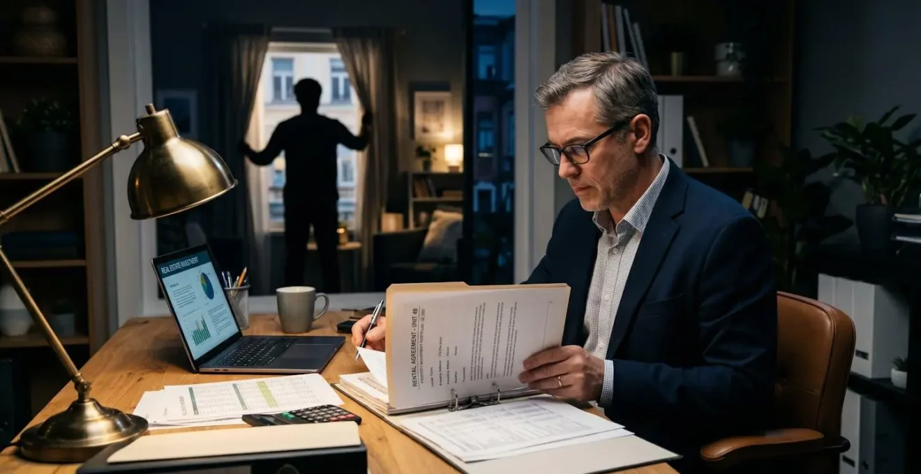 Un investisseur examine des documents concernant une propriété locative, avec la silhouette d'un locataire en arrière-plan.