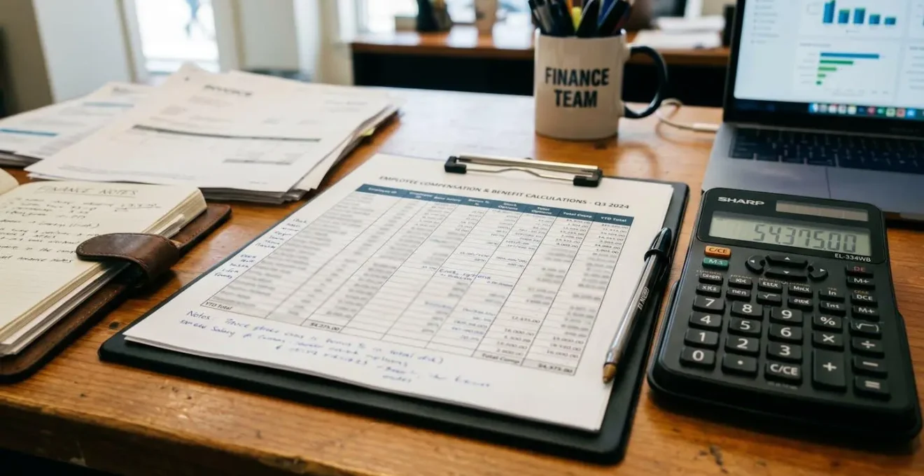 Bureau avec calculatrice et documents financiers flous montrant des calculs d'indemnisation