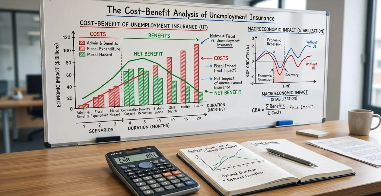 Calculatrice et graphiques montrant l'analyse coût-bénéfice de l'assurance chômage