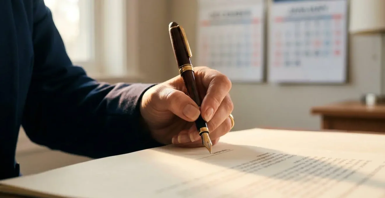 Main signant un acte notarié avec calendrier fiscal en arrière-plan