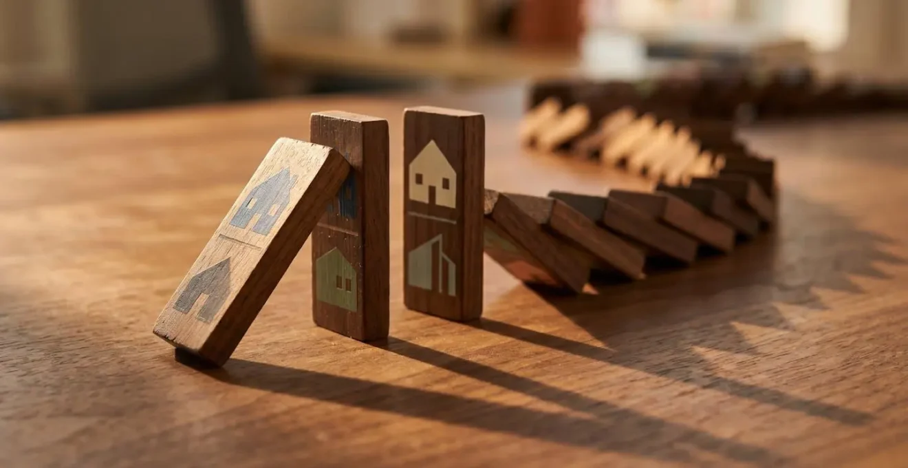 Dominos en bois représentant une chaîne de transactions immobilières reliées entre elles