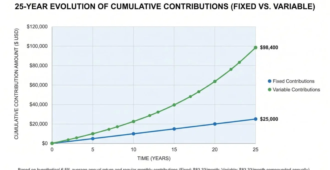 Graphique illustrant l'évolution des cotisations fixes et variables sur 25 ans