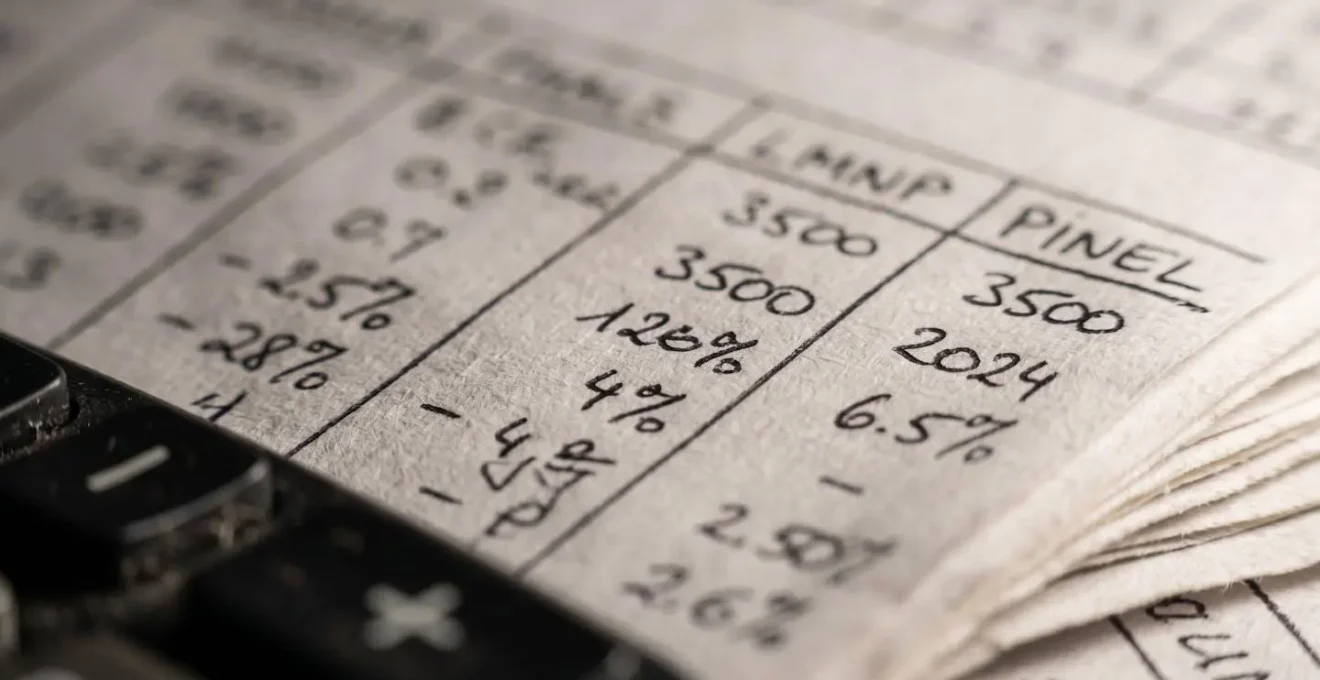 Investisseur comparant des simulations LMNP et Pinel sur papier avec calculatrice