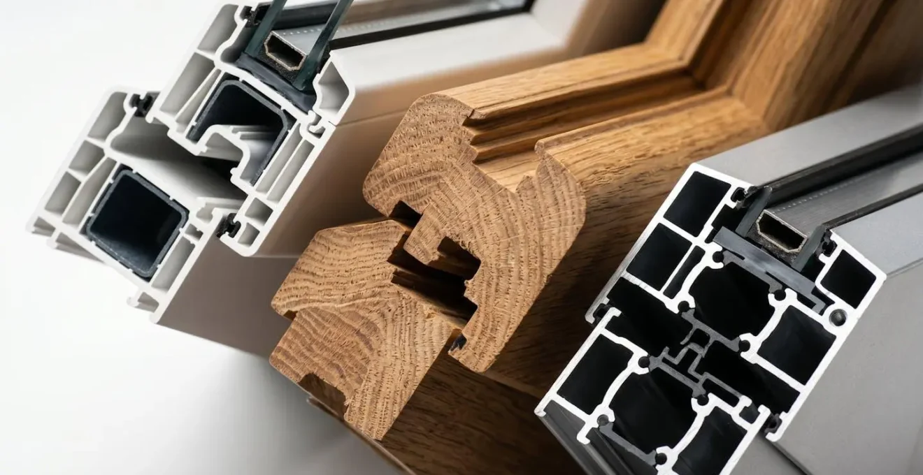 Gros plan sur trois échantillons de châssis de fenêtre en PVC, bois et aluminium