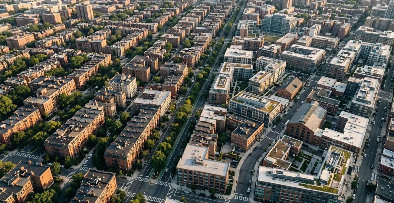 Vue aérienne de différents quartiers urbains illustrant les disparités de taxe foncière