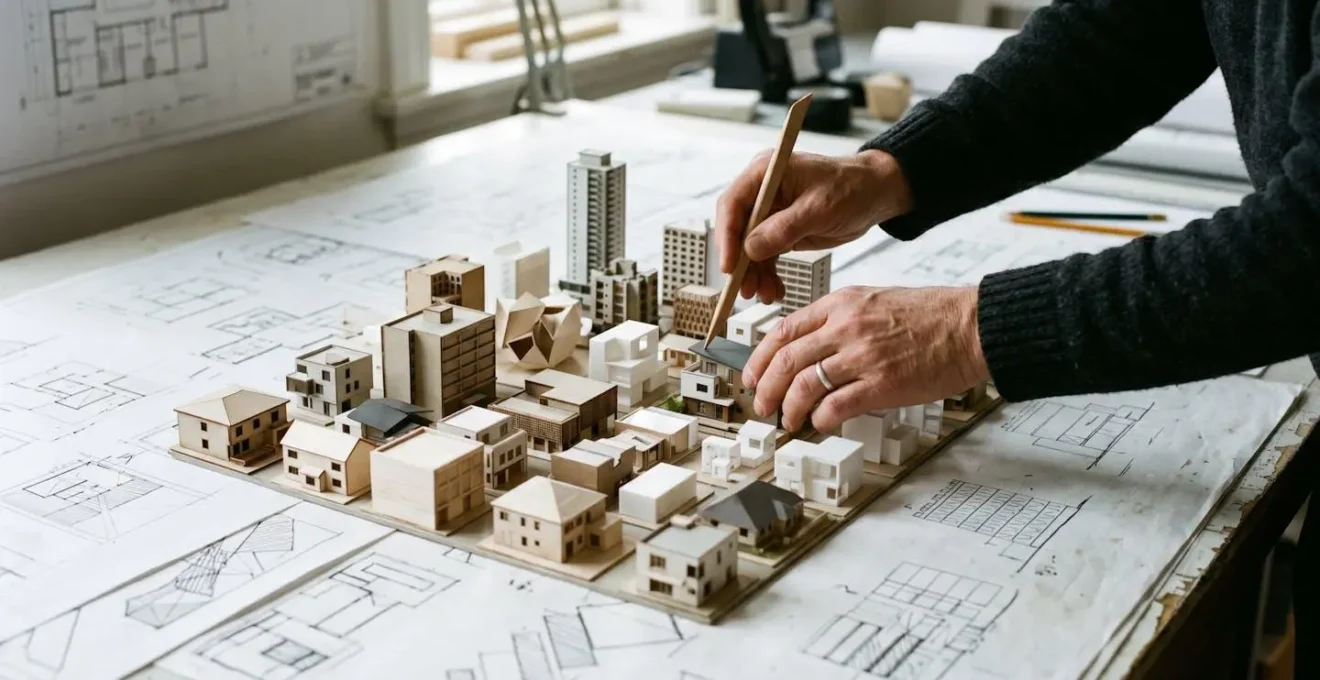 Vue en plongée de plusieurs chantiers de construction miniatures disposés en réseau sur une carte abstraite