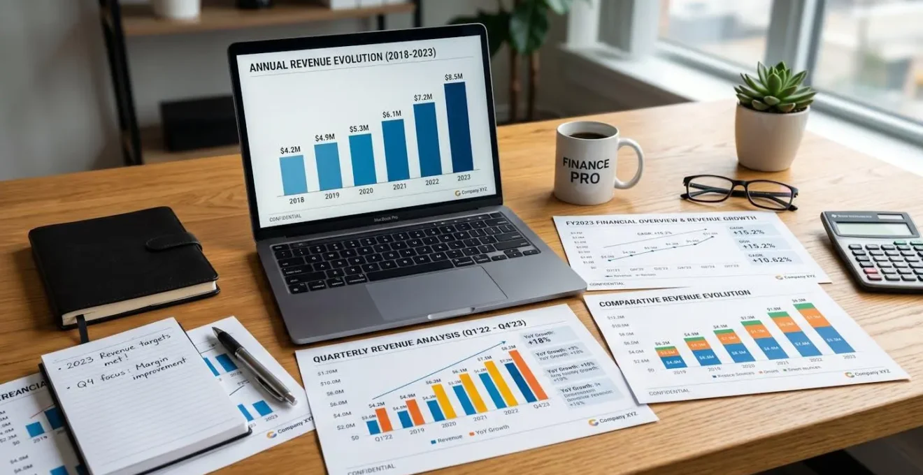 Graphiques et documents financiers présentant l'évolution des revenus sur un bureau