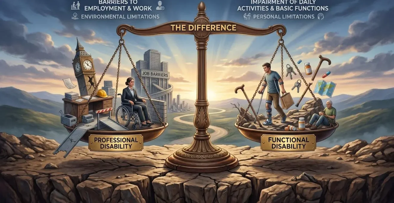 Balance symbolique représentant la différence entre invalidité professionnelle et fonctionnelle