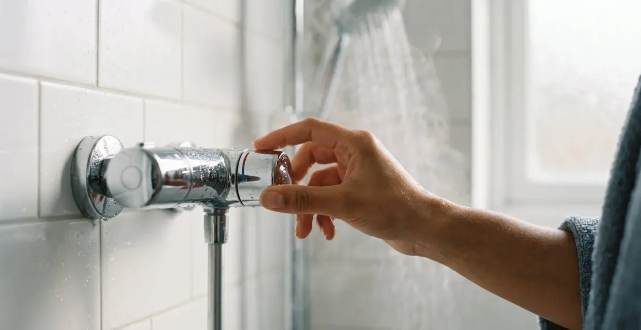 Mitigeur thermostatique chromé dans une douche moderne avec jet d'eau régulé
