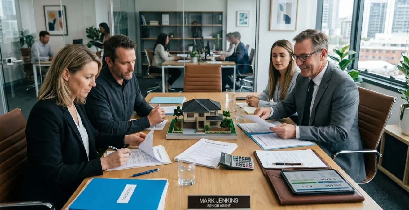 Scène de bureau avec documents financiers et modèle de maison lors d'une négociation