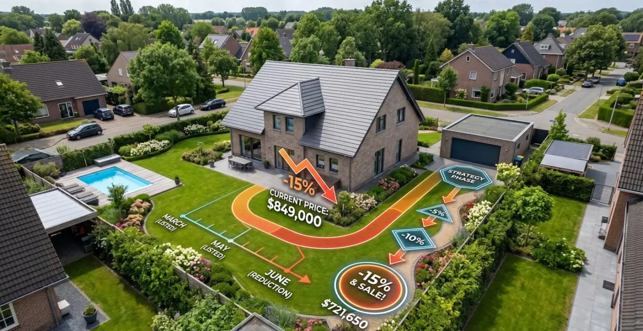Vue aérienne d'une maison avec des indicateurs abstraits suggérant une stratégie de baisse de prix dans le jardin