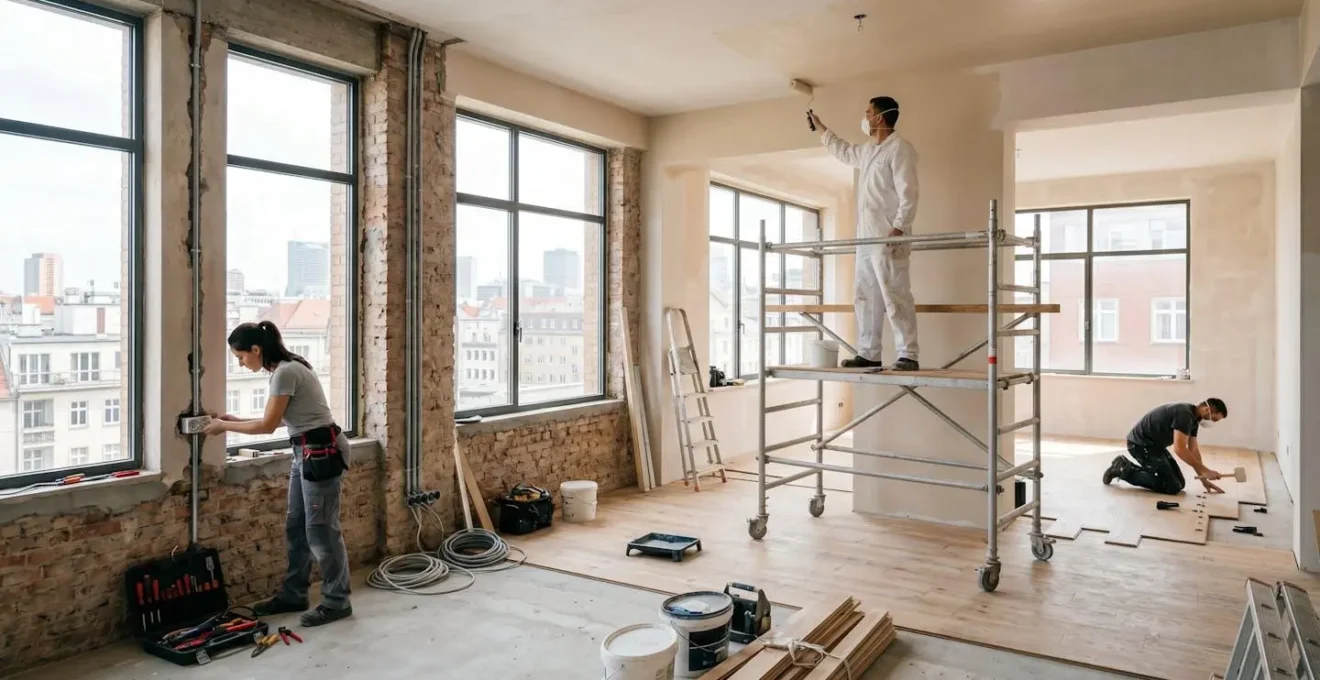 Vue d'ensemble d'un appartement en cours de rénovation avec artisans travaillant simultanément