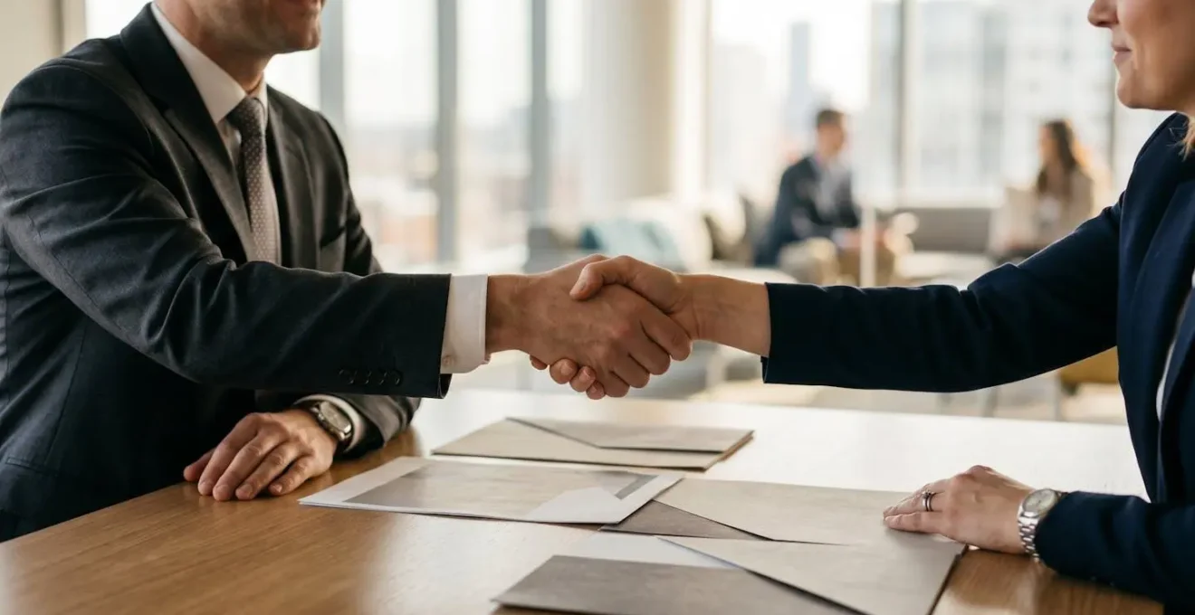 Bureau moderne avec documents contractuels et poignée de main professionnelle
