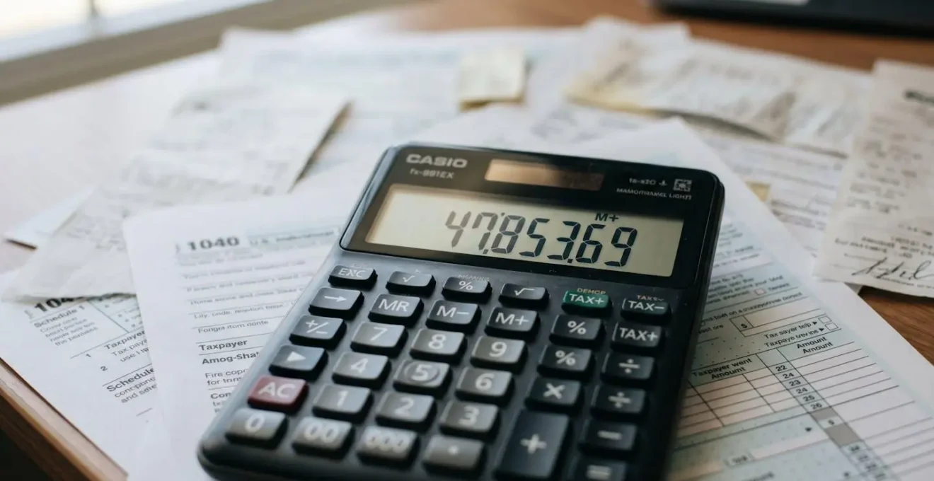 Vue macro détaillée d'une calculatrice montrant des chiffres avec des documents fiscaux flous en arrière-plan
