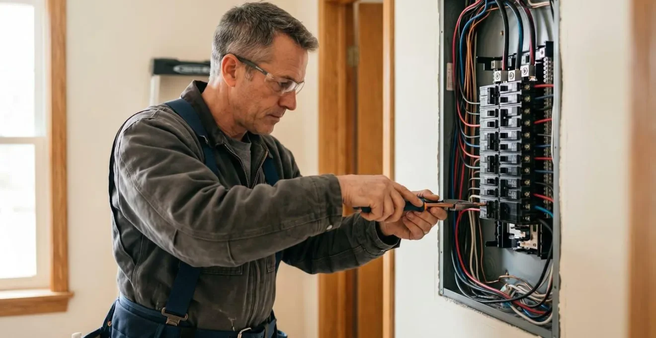 Électricien professionnel installant un tableau électrique moderne dans un logement