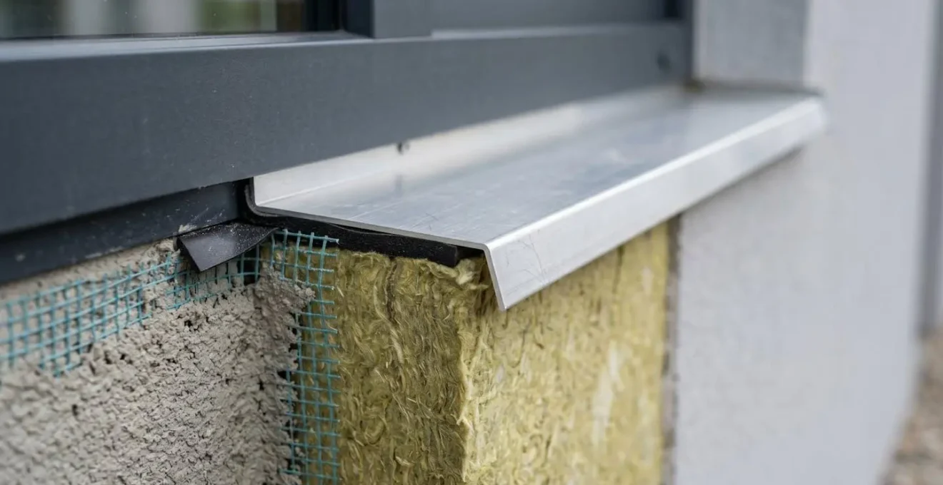 Détail technique d'un appui de fenêtre avec bavette aluminium et isolant en coupe