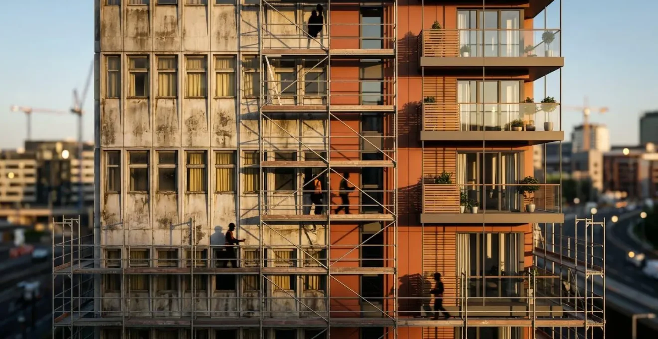 Immeuble de bureaux des années 70 en cours de transformation en résidentiel moderne