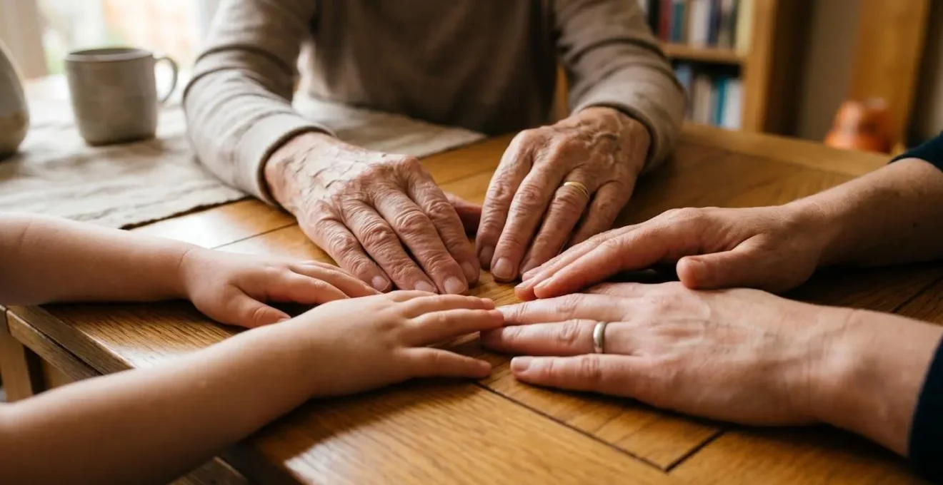 Mains de trois générations se touchant symbolisant la transmission du patrimoine familial