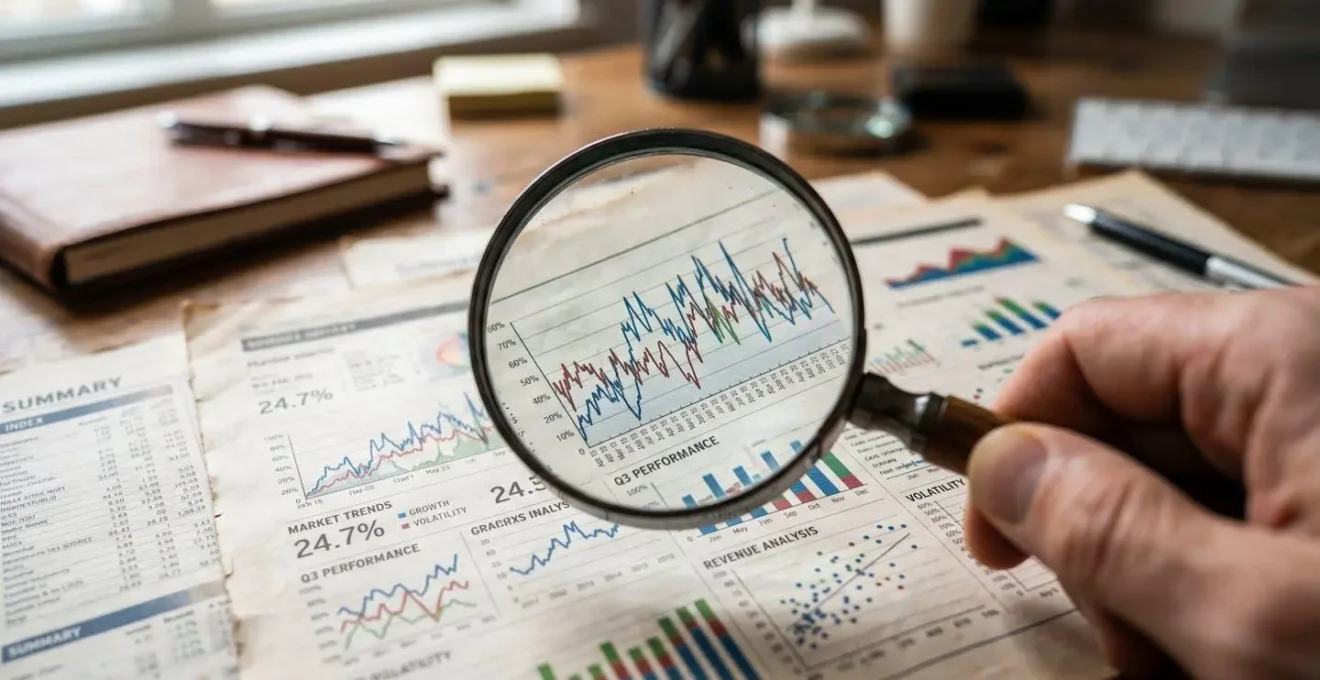 Vue macro de documents financiers avec loupe examinant des graphiques abstraits