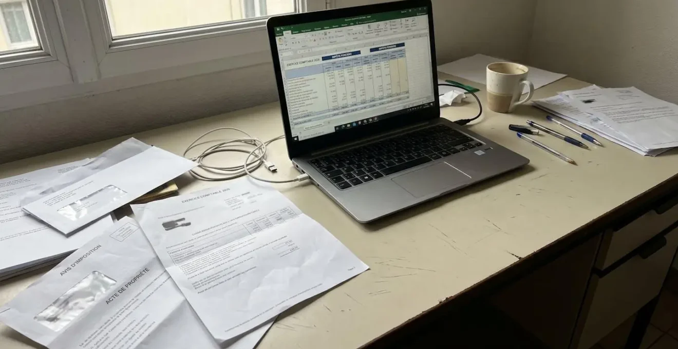 Bureau avec ordinateur affichant tableau financier, documents fiscaux et papiers immobiliers éparpillés en lumière naturelle